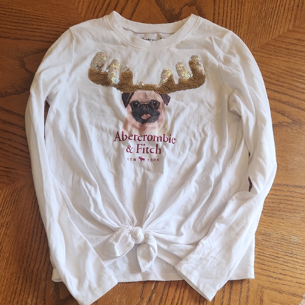 Abercrombie & Fitch White Long Sleeve Tee Festive Pug Design